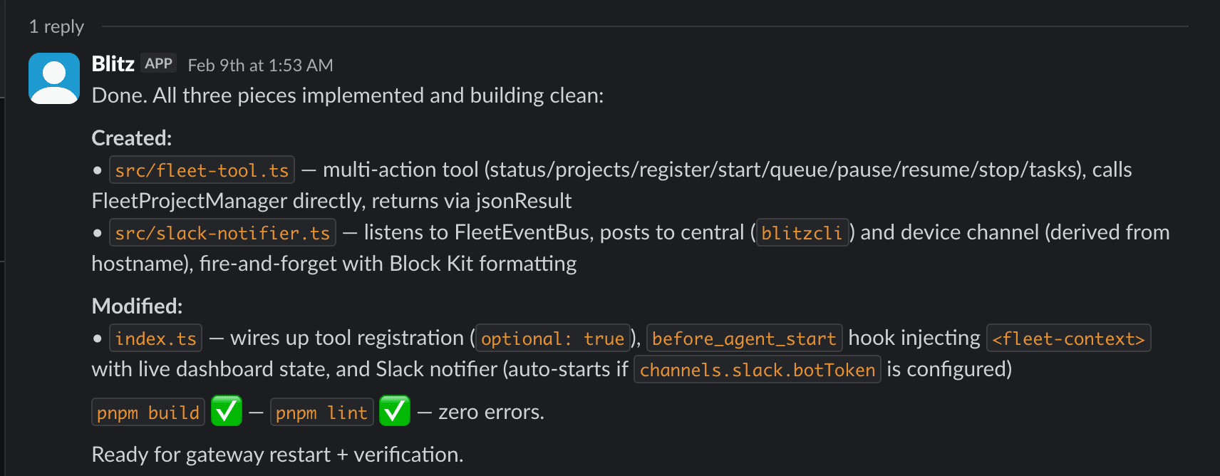Blitz bot completing a task in Slack